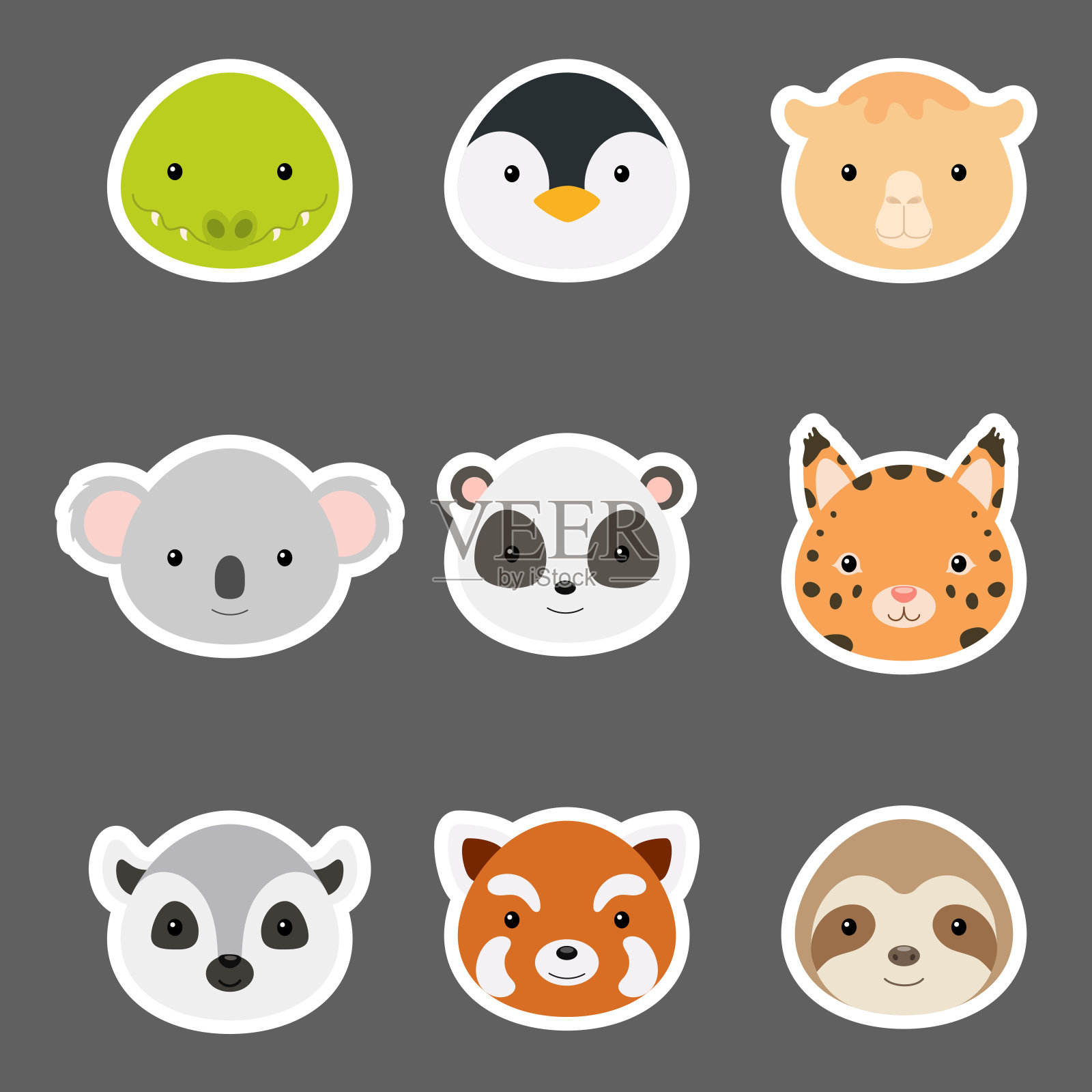 一套可爱有趣的动物头贴纸。野生卡通动物的婴儿印花设计，儿童服装，婴儿送礼会，问候和邀请卡，墙壁装饰。平面矢量图例插画图片素材