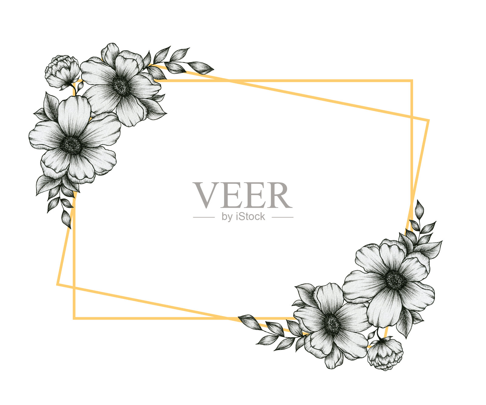 节日的金色框架与黑白花花束装饰，秋季花卉线条艺术设计，复古秋季设计的感恩节，秋季卡片或邀请设计元素图片
