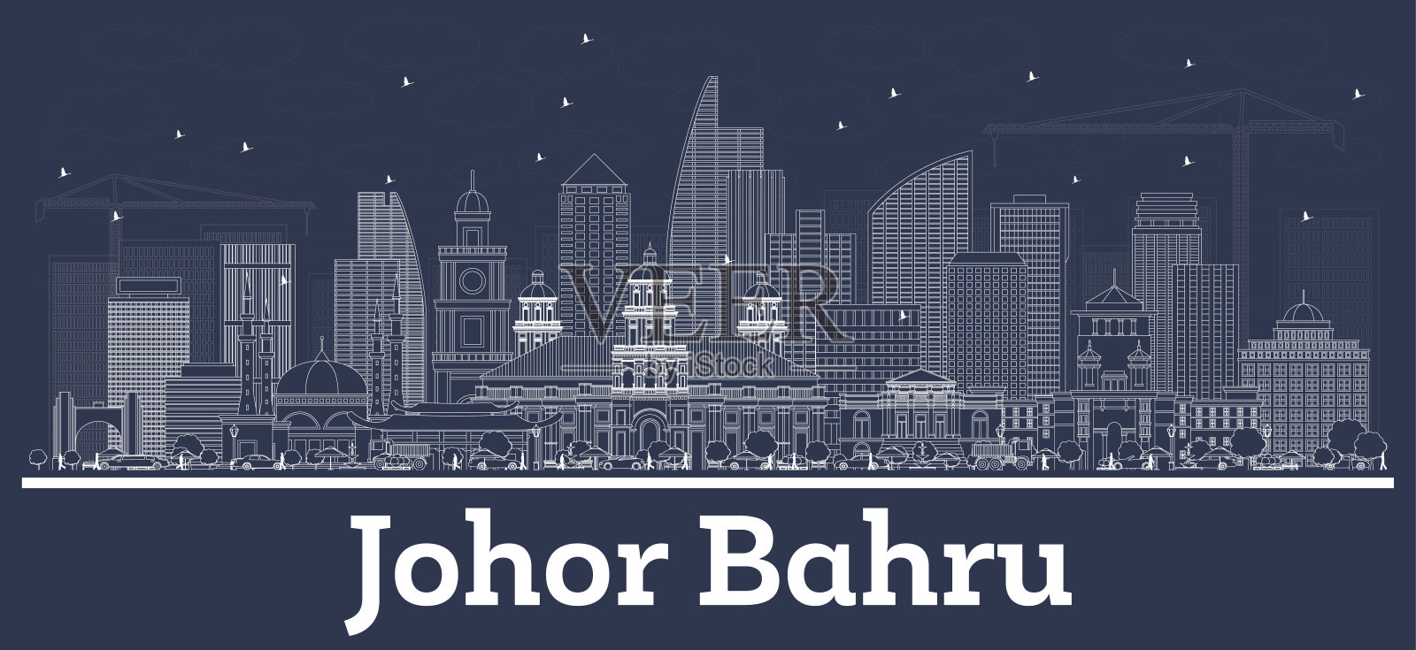 马来西亚新山城市轮廓与白色建筑。插画图片素材