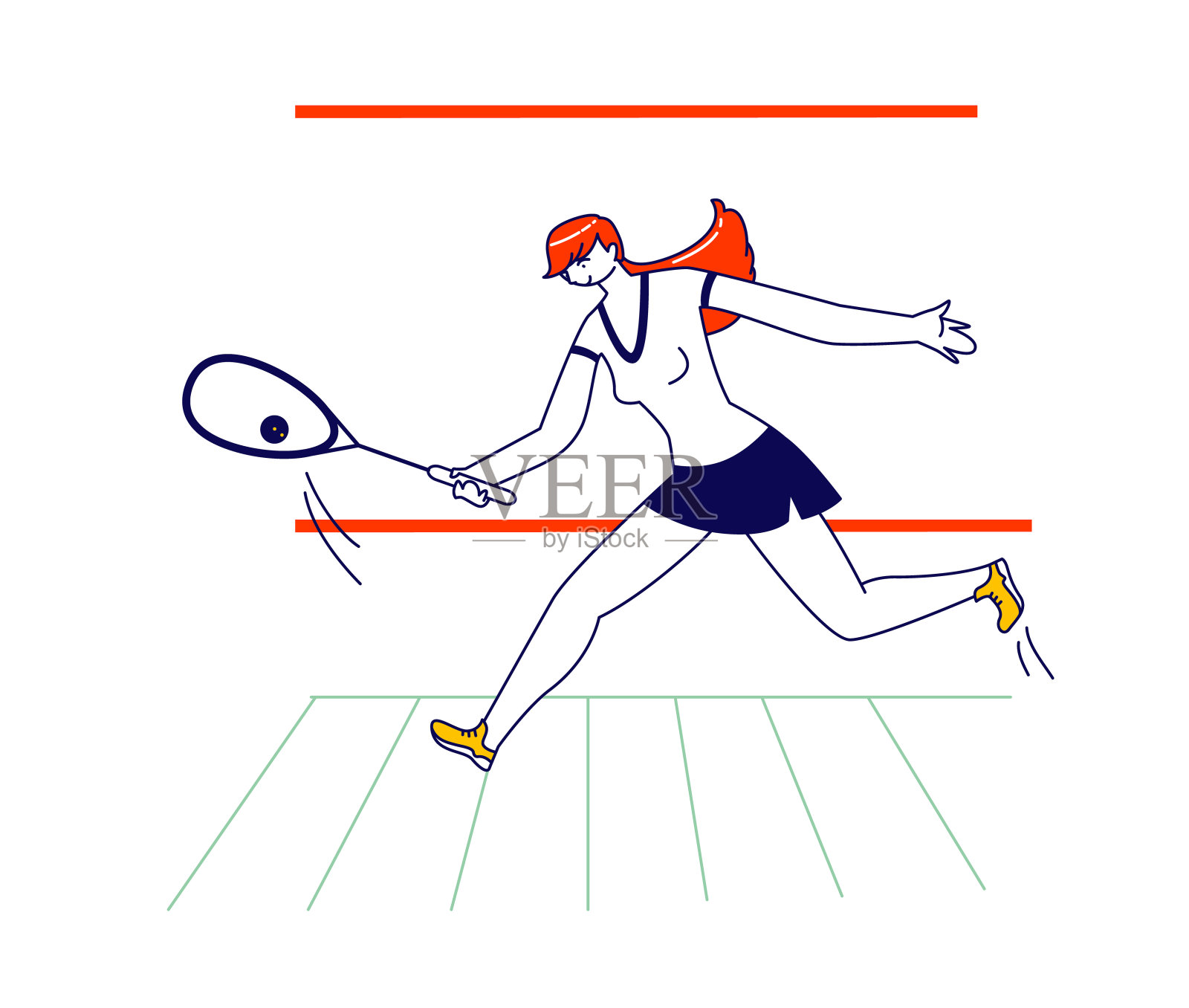 年轻女孩在运动服装玩壁球pr大网球在球场上。女运动员角色握拍击球，运动插画图片素材