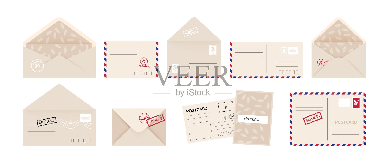 信封和贺卡。卡通邀请信及连邮票的明信片。广场涵盖正反面、开封邮政速递。矢量隔离收集插画图片素材