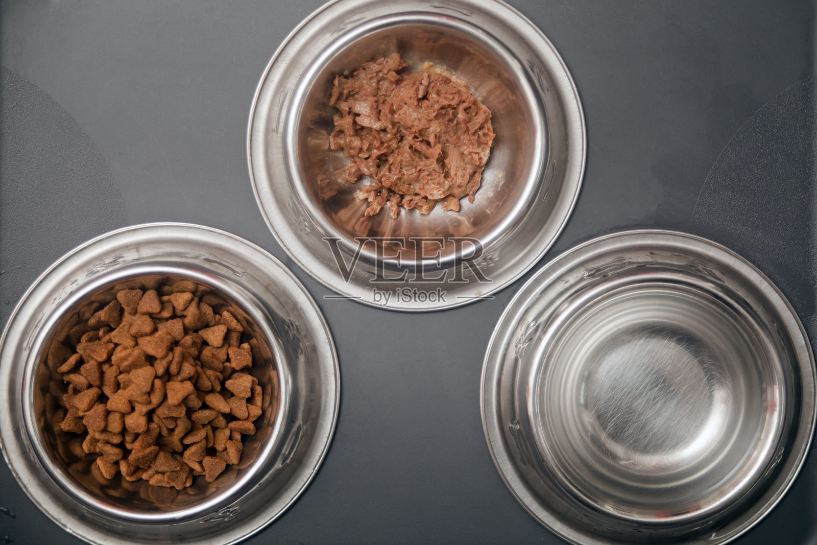 宠物干粮、湿粮和鲜水碗照片摄影图片