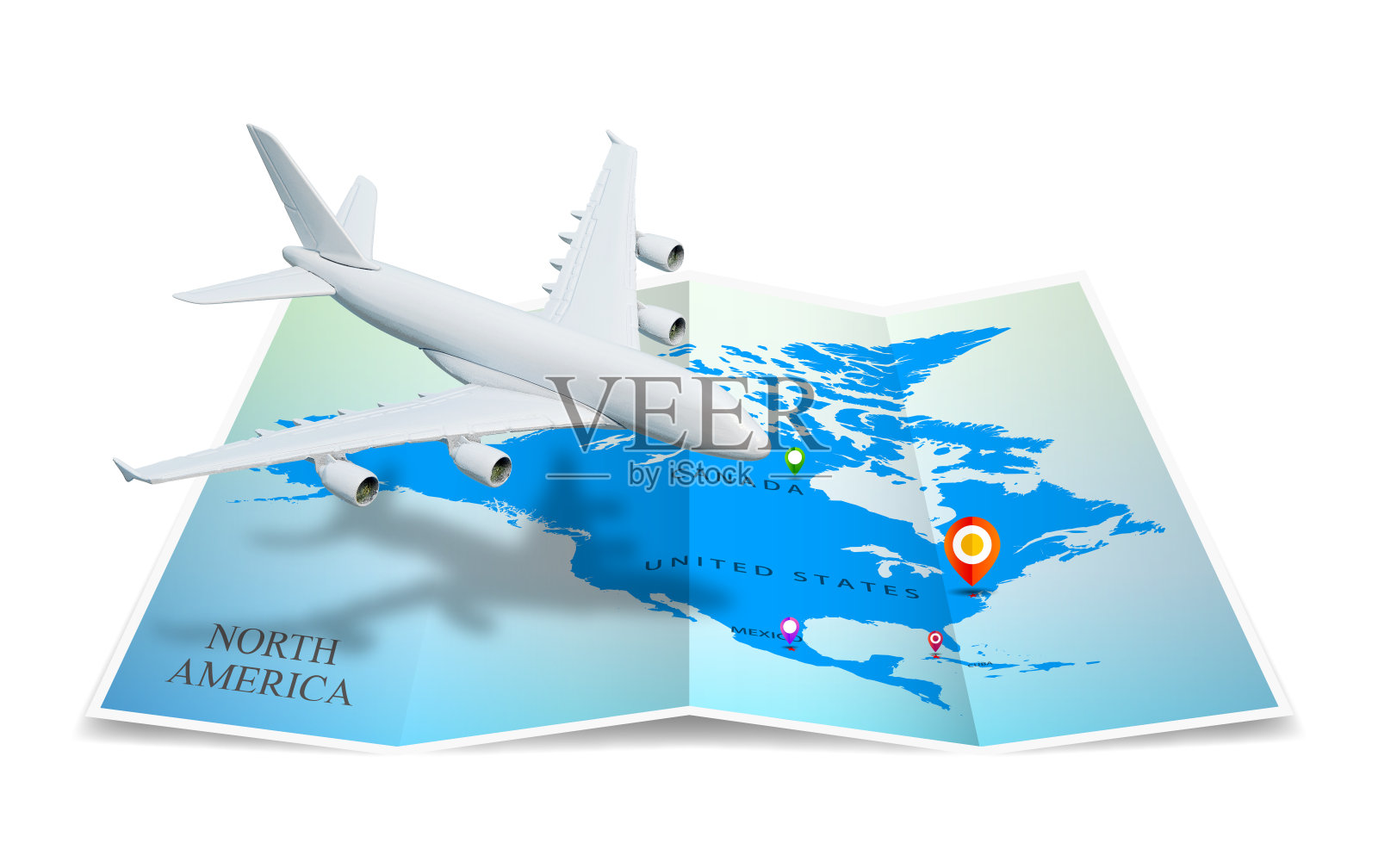 北美地图折叠，全球航空公司孤立在白色背景照片摄影图片