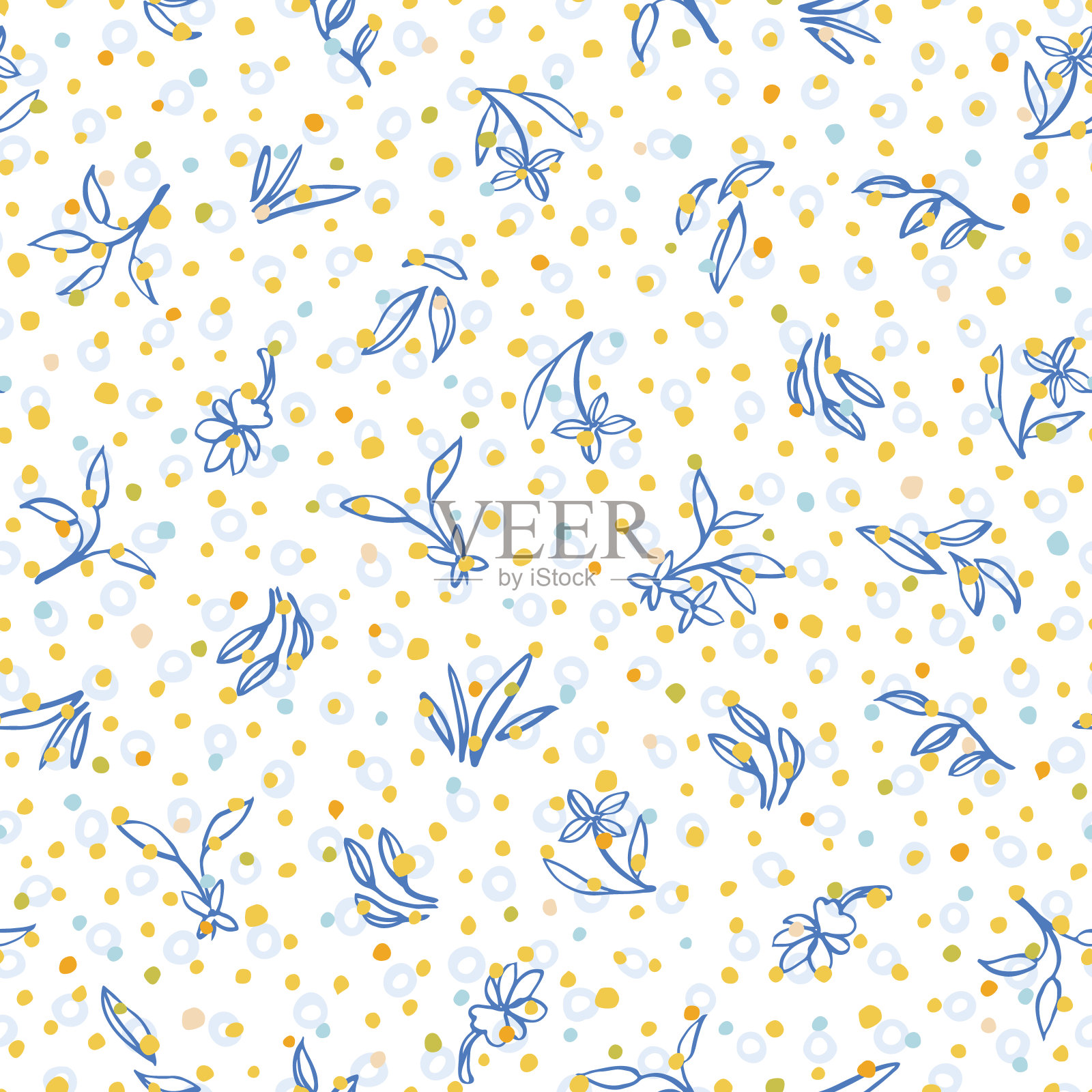 民间艺术小花点图案。复古线条艺术花卉设计。插画图片素材