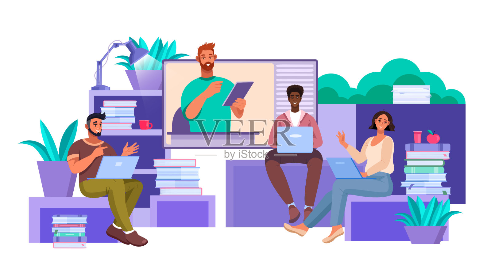 在线教育和虚拟会议矢量插图与不同的学生，书籍，导师。插画图片素材