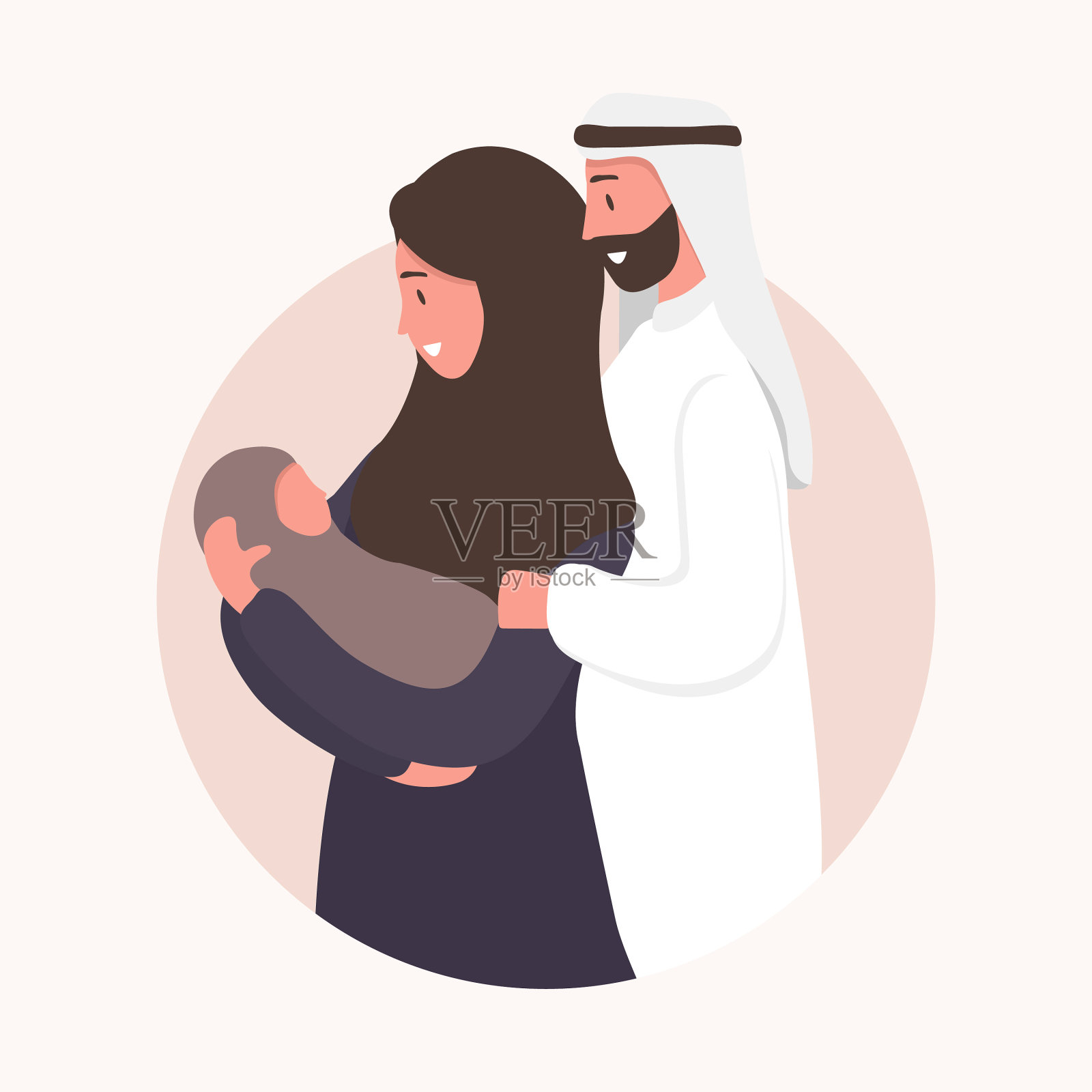 传统穆斯林家庭的母亲和孩子插画图片素材