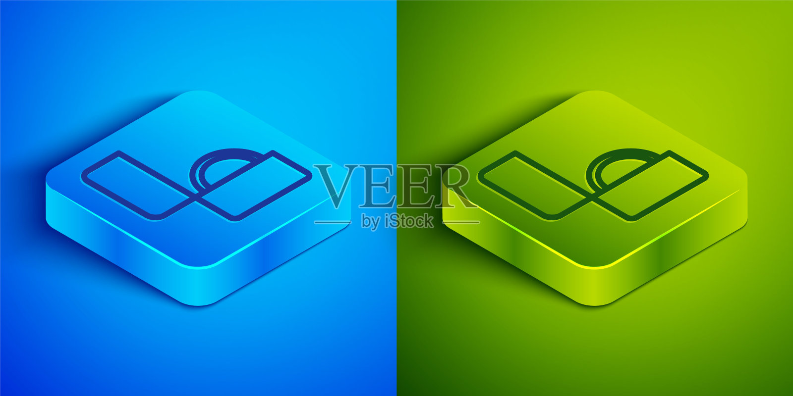 钻石订婚戒指图标隔离在蓝色和绿色背景。方形按钮。向量图标素材