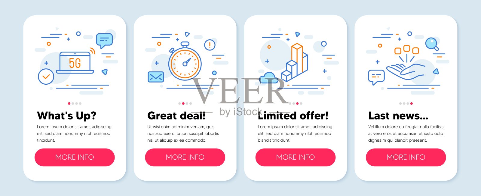 一组商业图标，如定时器，5g笔记本，3d图表符号。合并行图标。向量插画图片素材