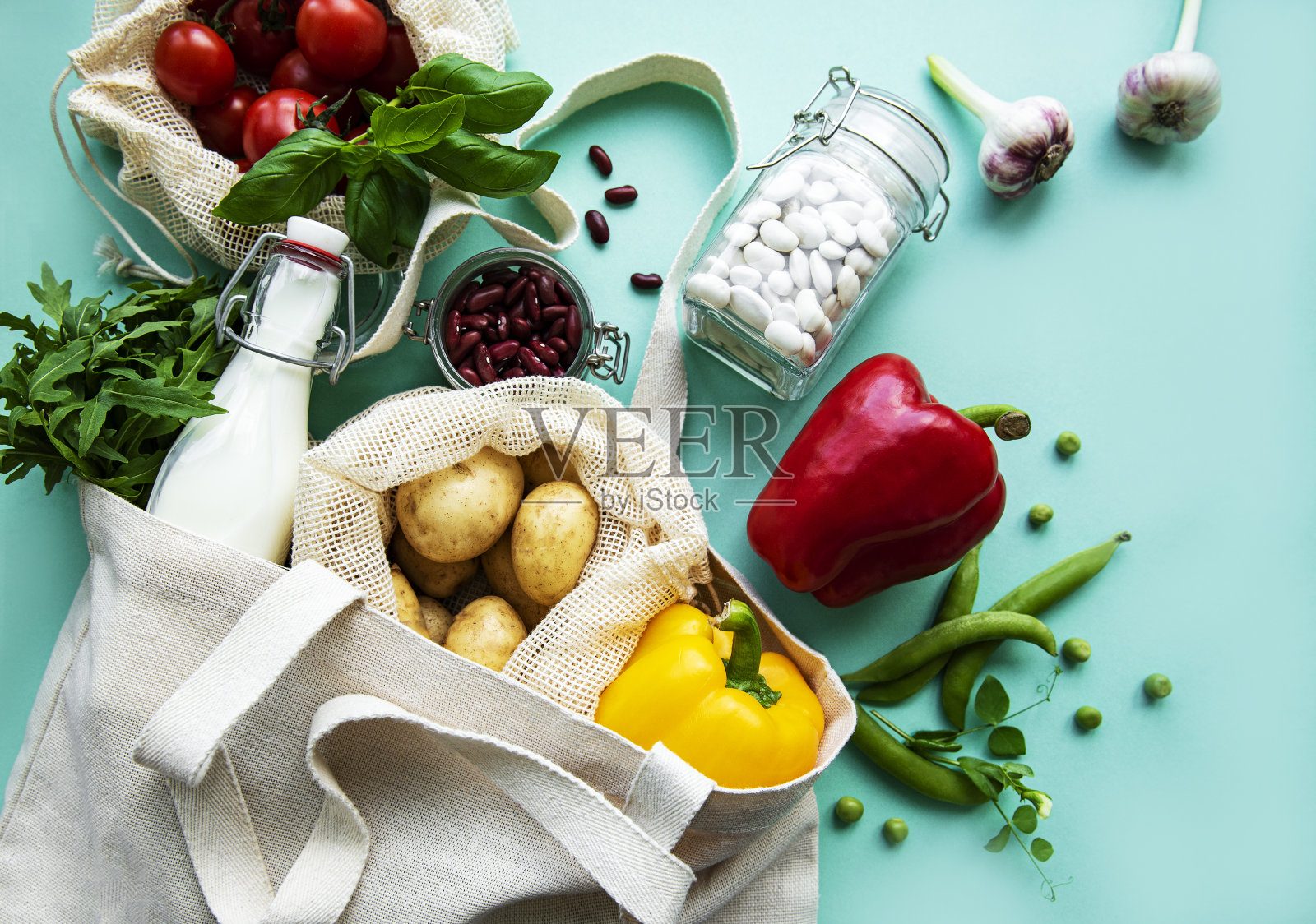 新鲜蔬菜生态棉袋照片摄影图片