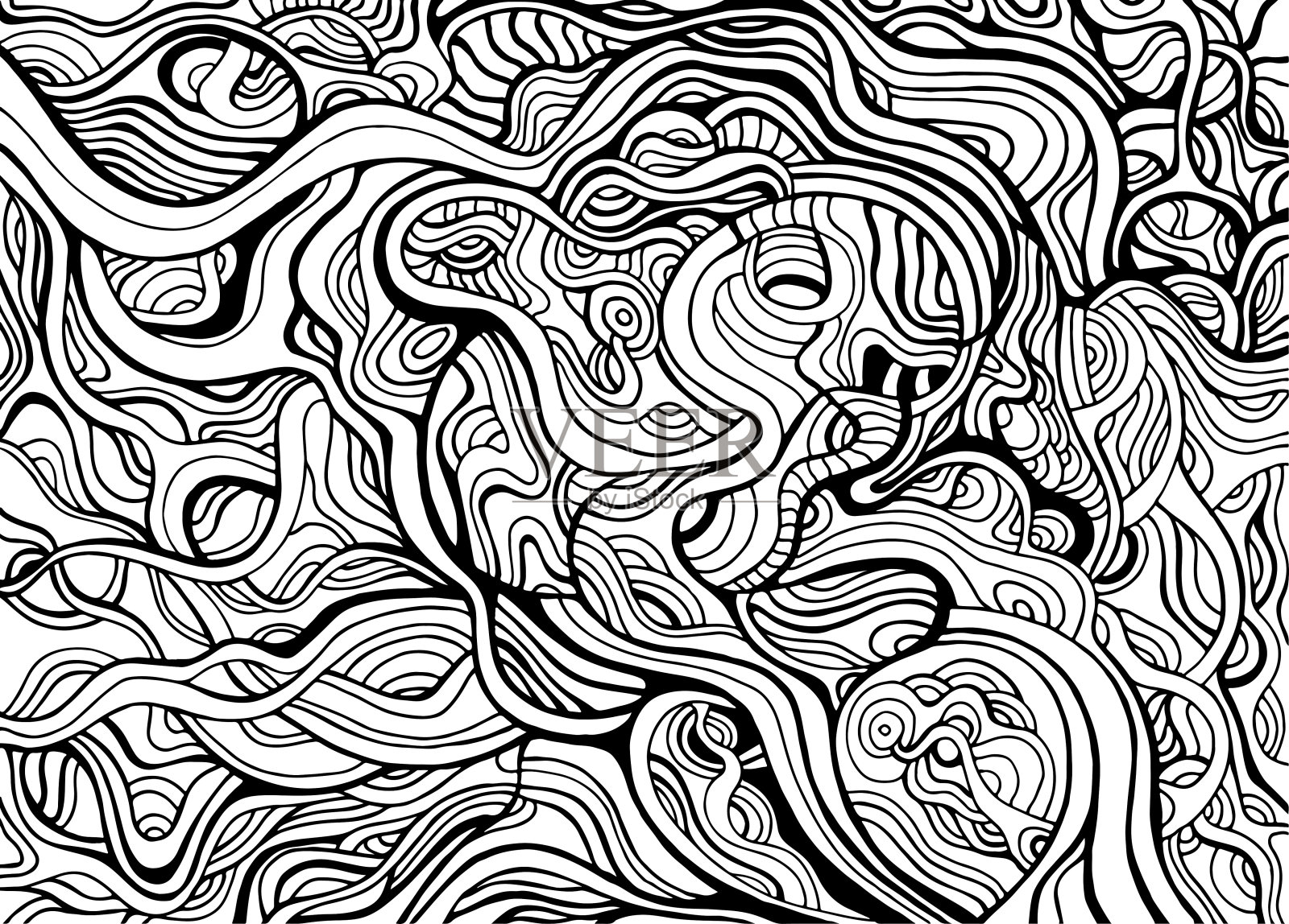 黑白抽象装饰装饰用许多疯狂的漩涡线条涂色。插画图片素材