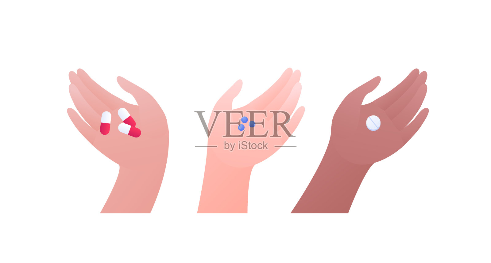 保健药物和维生素概念。矢量平面现代插图集。人手上握着不同肤色的胶囊药丸。医疗横幅，网页，信息图的设计元素。插画图片素材