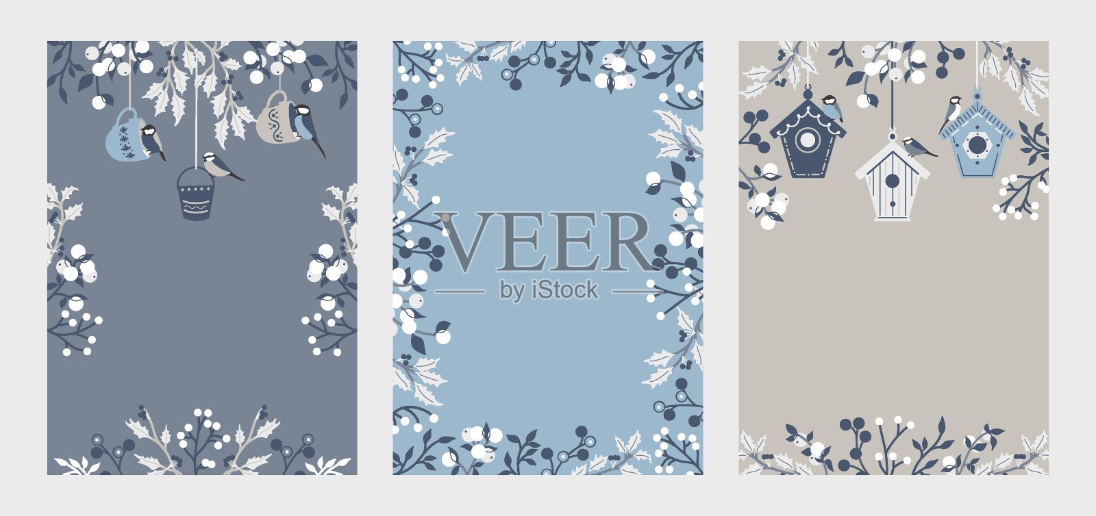 一套卡片模板与鸟类和分支。插画图片素材