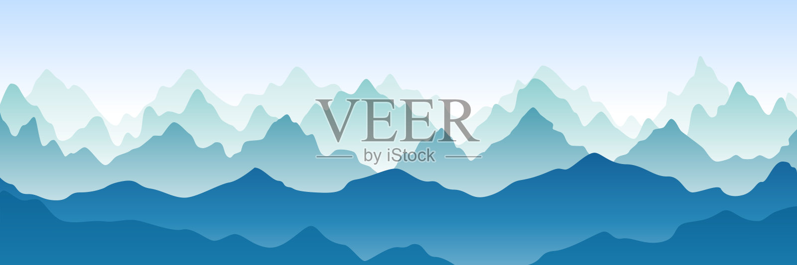 幻想的主题是早晨的风景，日出在山上，全景。矢量插图美丽的蓝色，绿色的山景观与雾。夕阳在山。山和岩石。插画图片素材