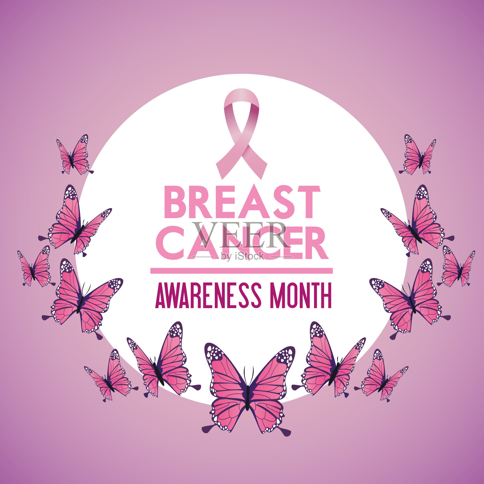 乳癌宣传月宣传海报，以蝴蝶和彩带为框插画图片素材