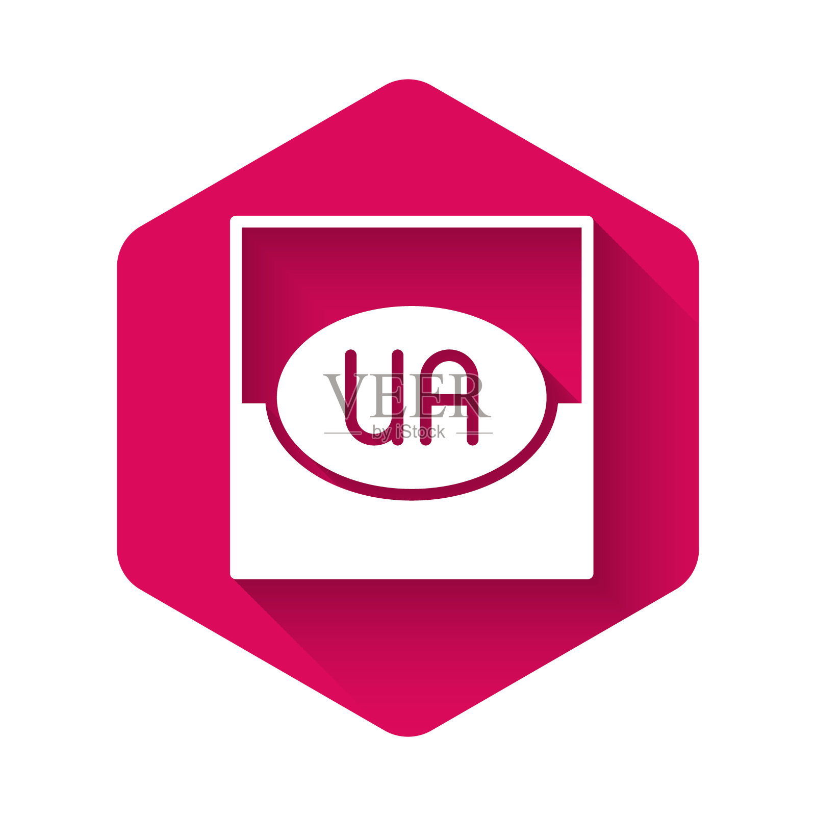 白色的乌克兰国旗图标孤立着长长的影子。粉色六角形按钮。向量图标素材