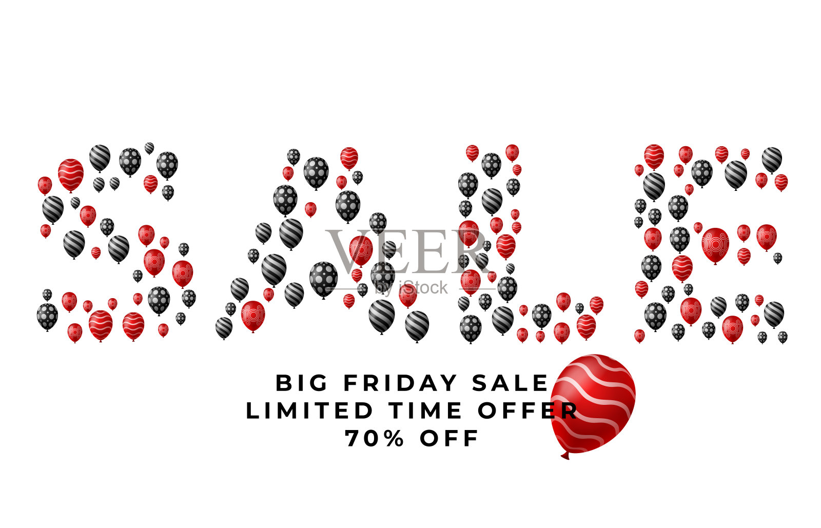 黑色星期五促销海报与黑色光滑的气球在白色的背景。矢量插图。气球制造的销售词。插画图片素材