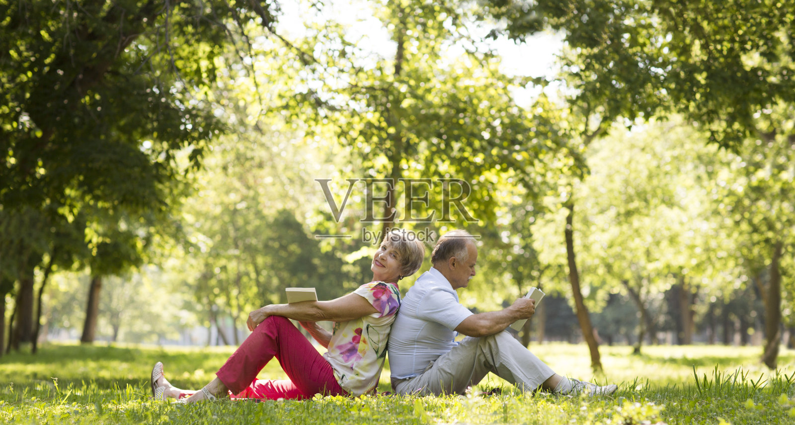 一对老年夫妇在夏天坐在公园的草地上看书照片摄影图片