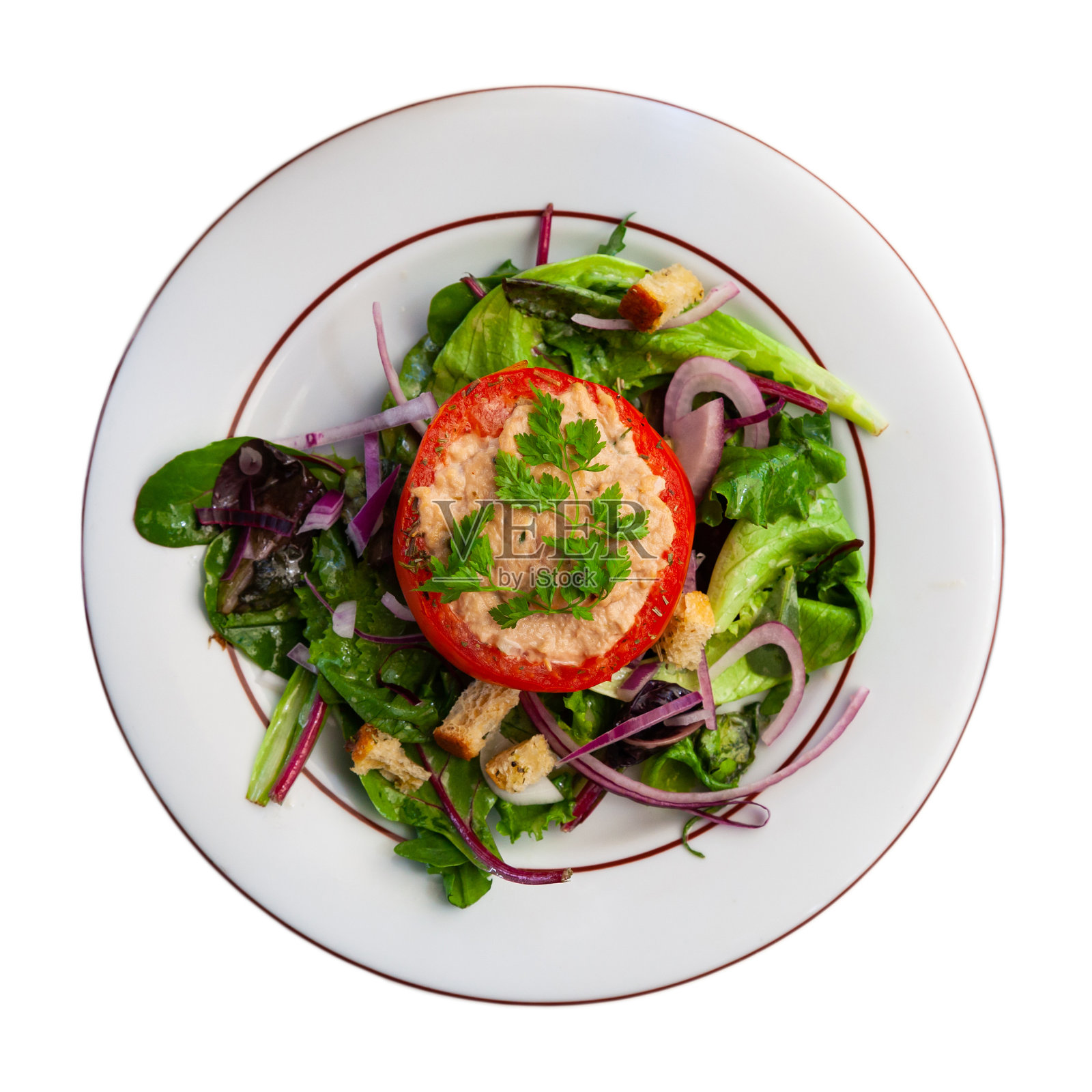 美味的西红柿馅金枪鱼沙拉枕头照片摄影图片