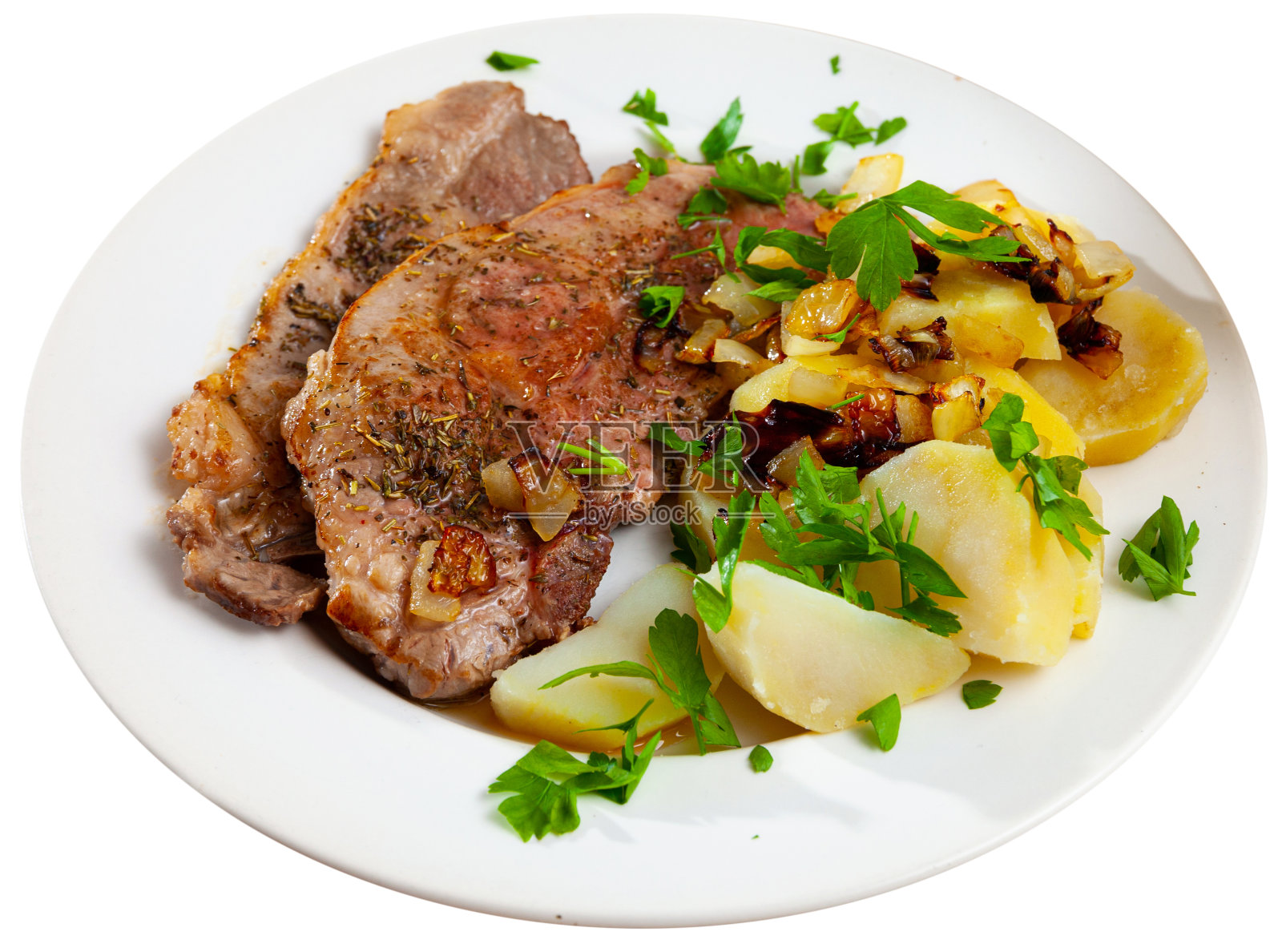 美味的烤猪肉配土豆和蔬菜，没人照片摄影图片