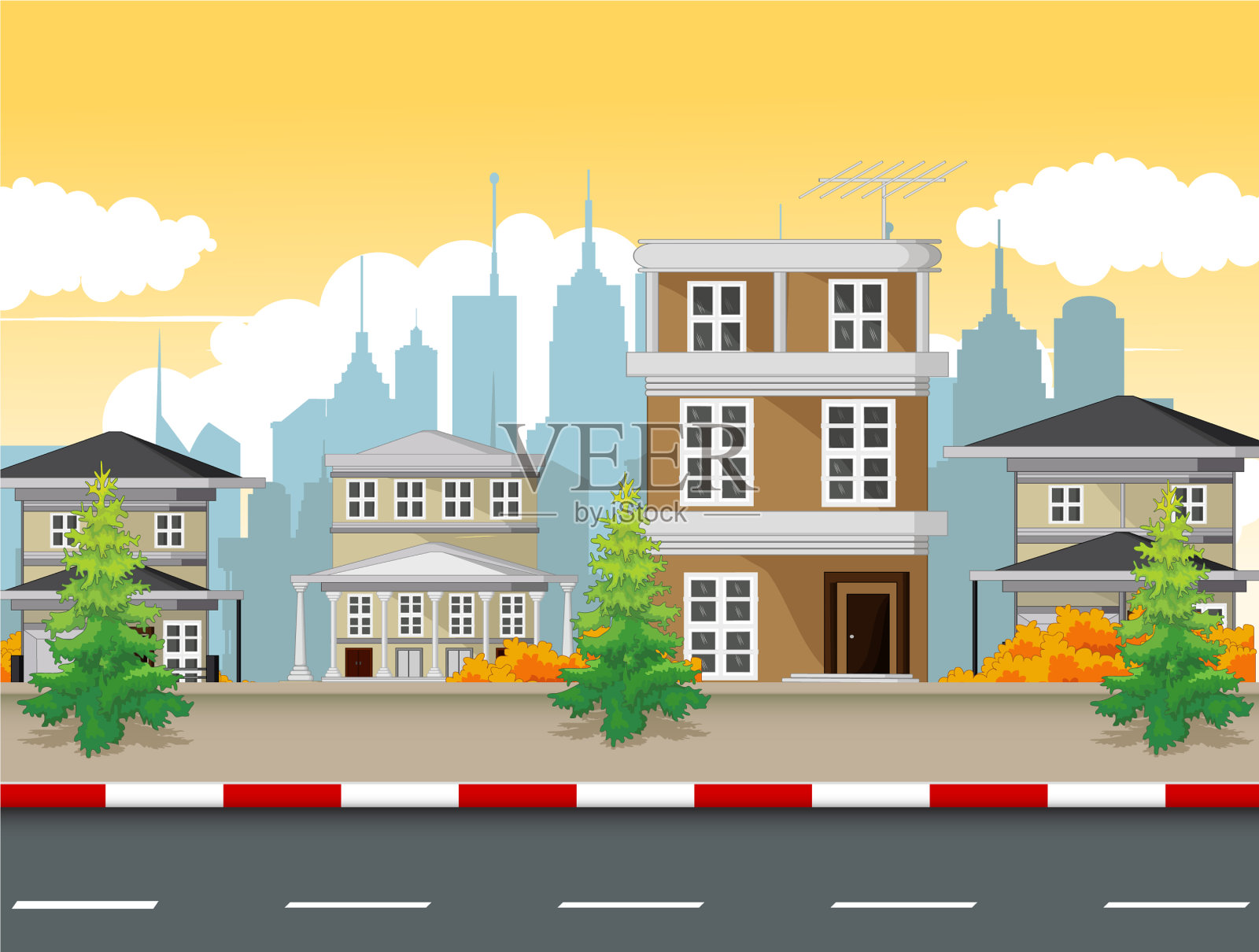 城市小镇观卡通插画图片素材