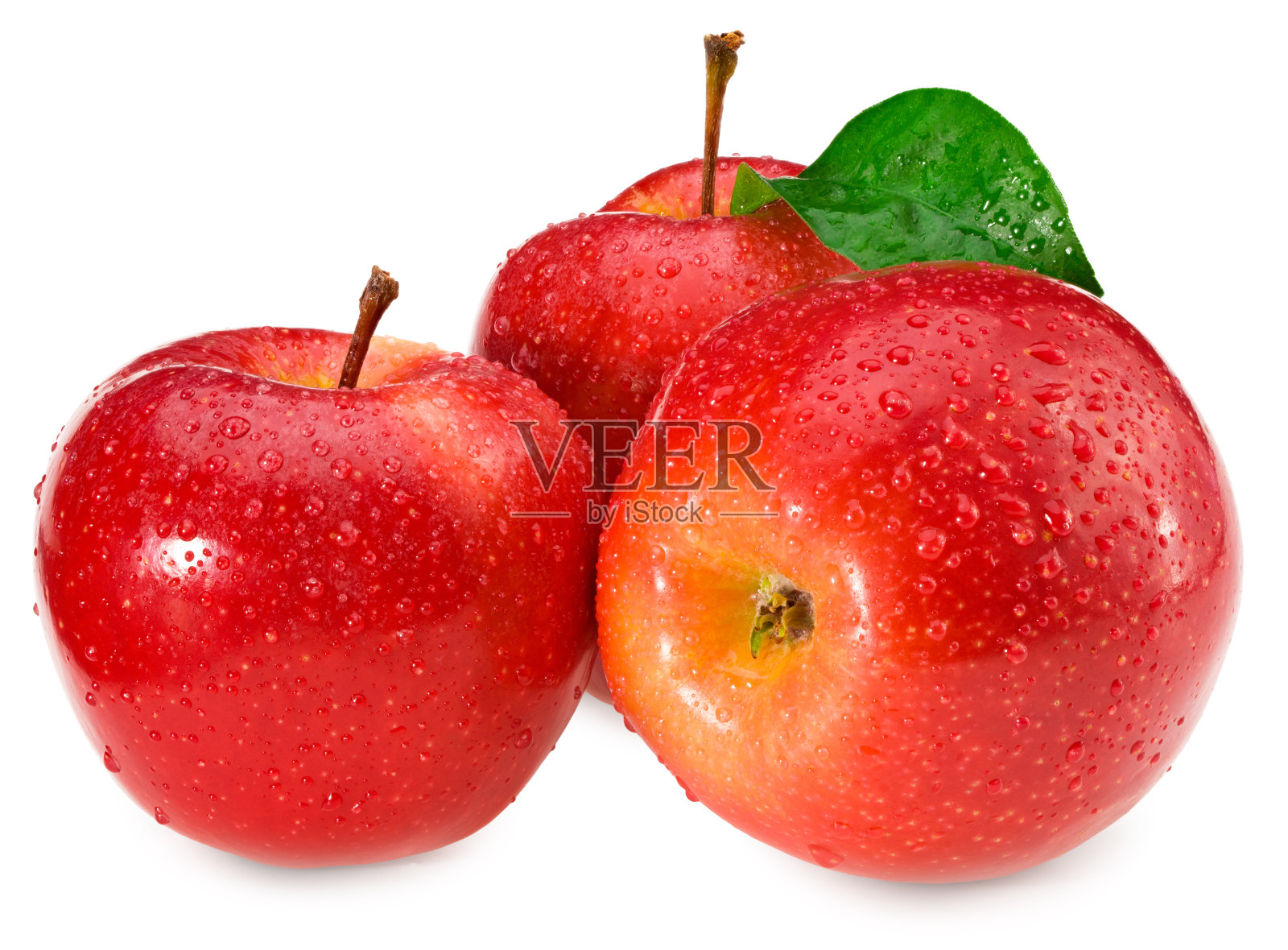 红苹果和绿叶孤立在白色的背景照片摄影图片