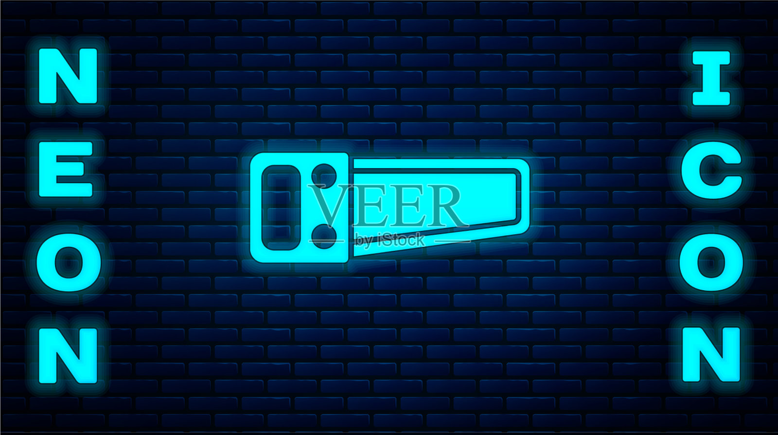 霓虹灯手锯图标孤立在砖墙上插画图片素材