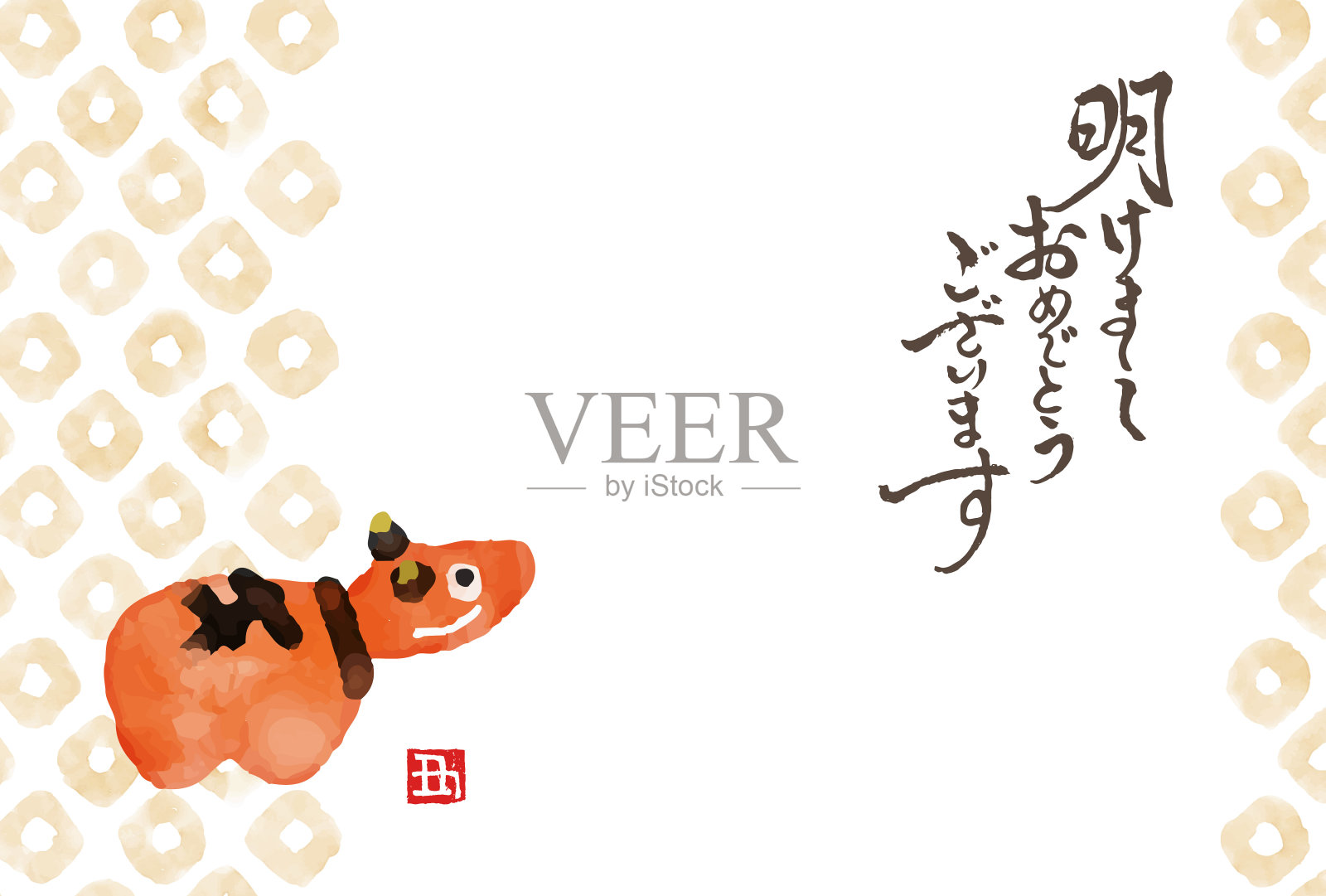 2021牛年红牛图和扎染卡诺科图案水彩插画新年贺卡插画图片素材