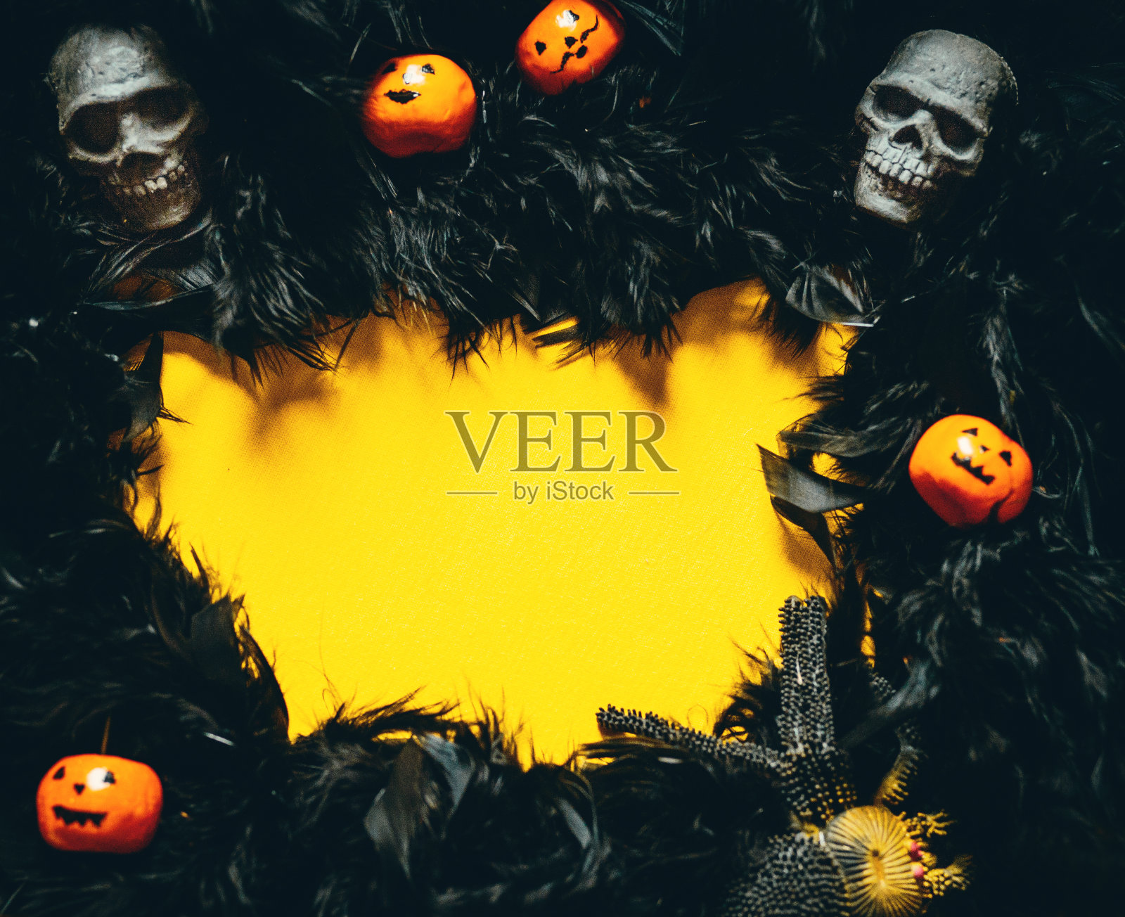 人类头骨和万圣节南瓜照片摄影图片