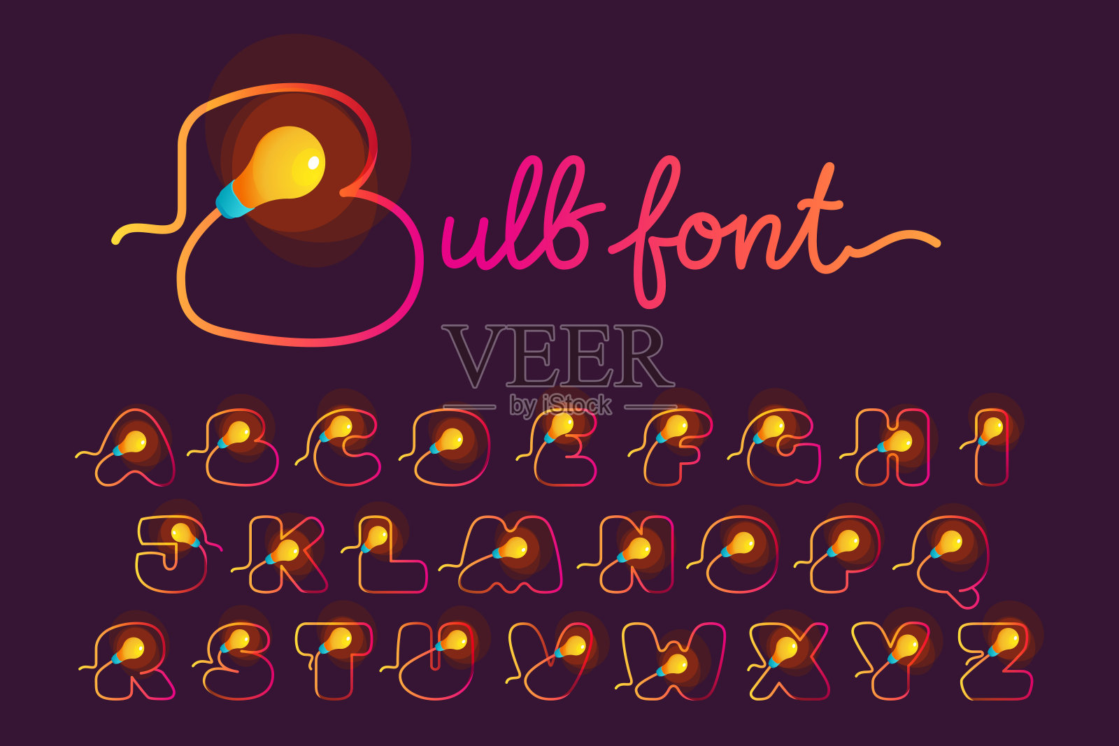 由灯泡和电缆组成的字母表。插画图片素材