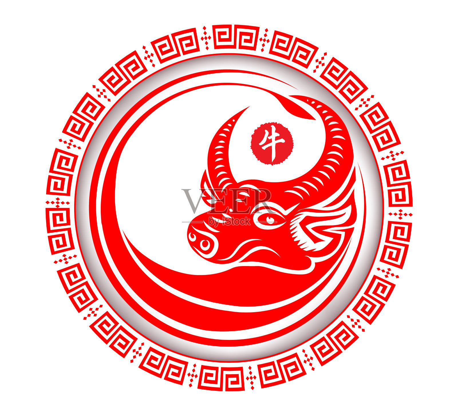 新春快乐牛年剪纸风格。汉字表示新年快乐，孤立在白色背景上(中文翻译牛年)插画图片素材