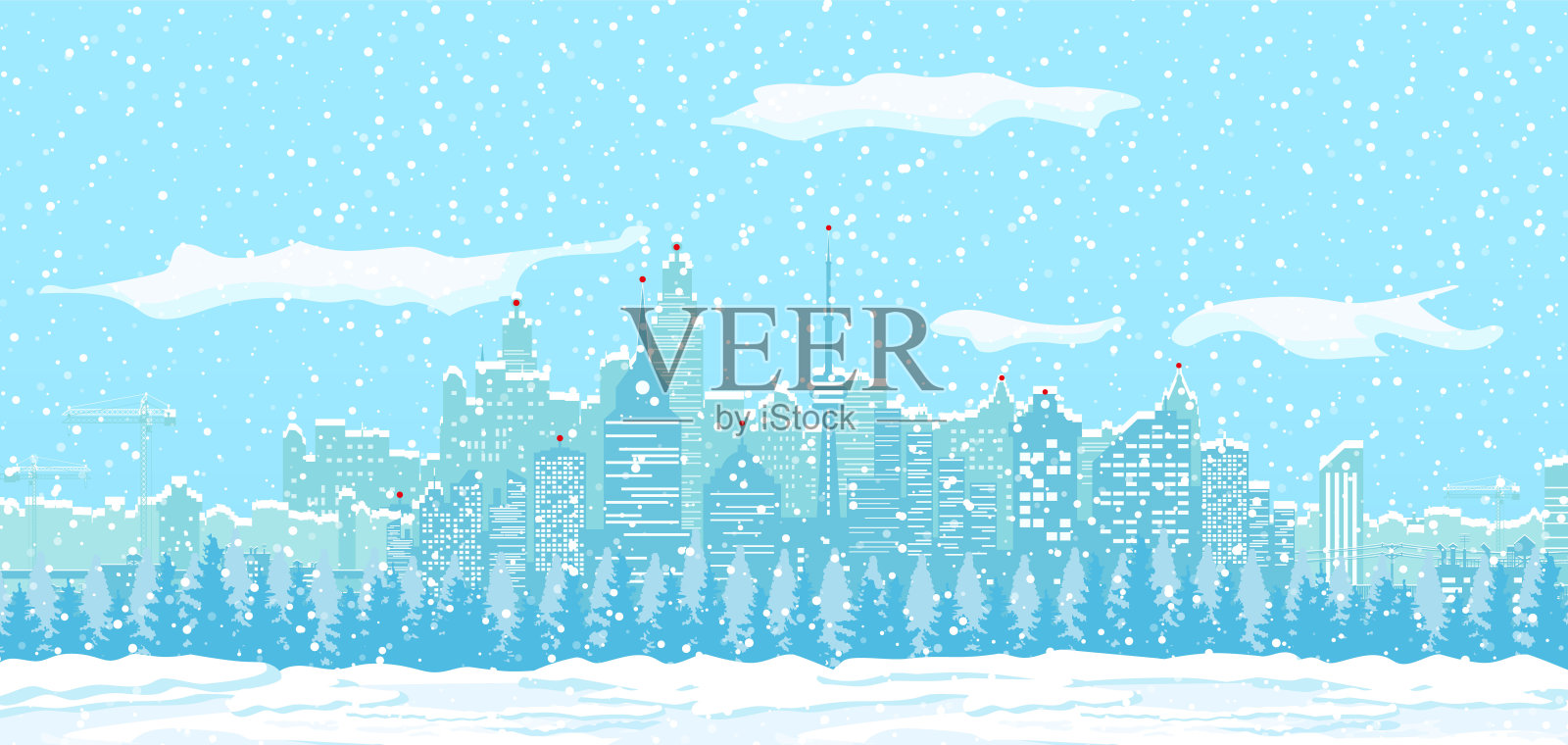 圣诞冬季城市景观，雪花和树木插画图片素材