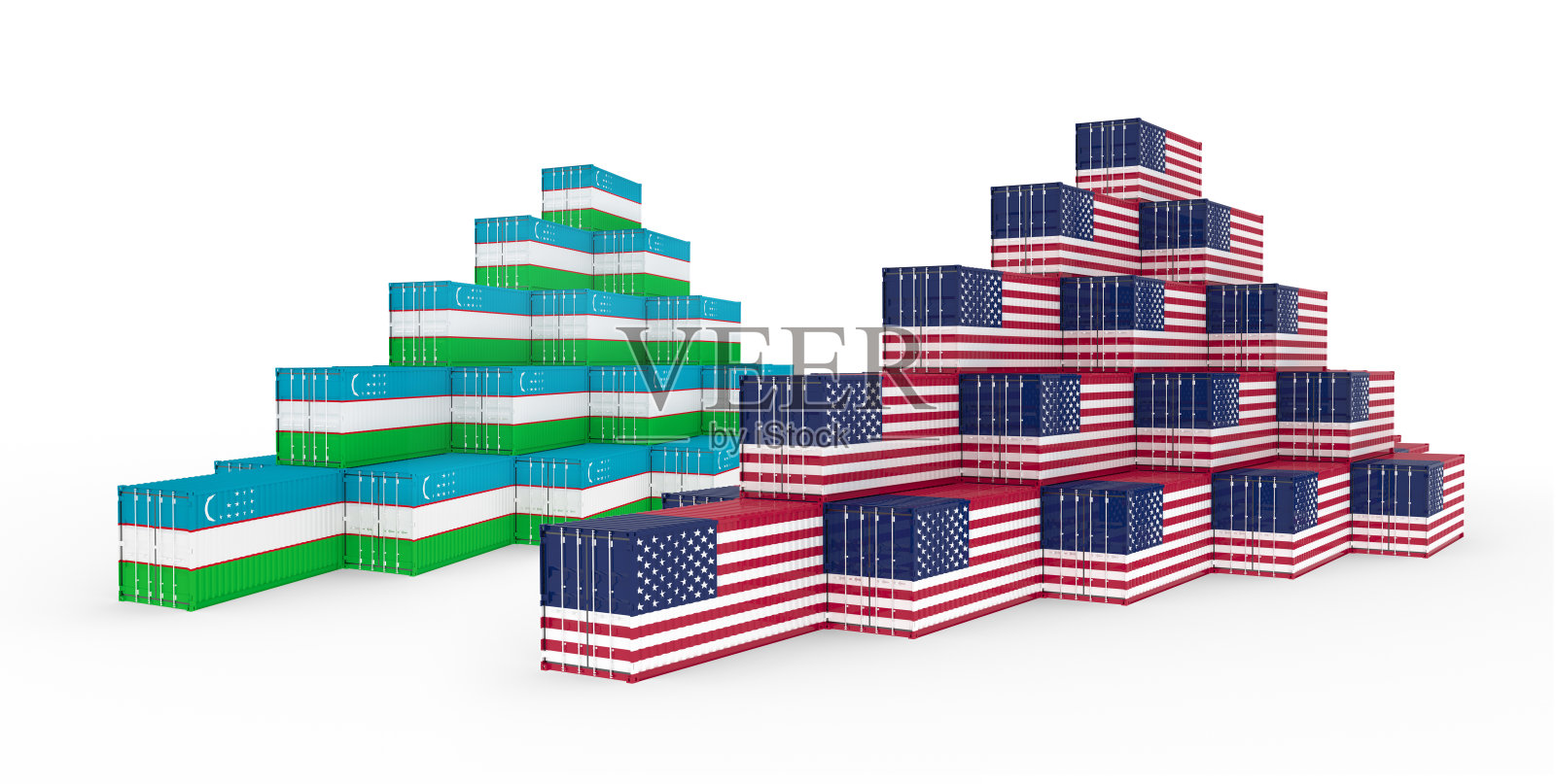 印有乌兹别克斯坦和美利坚合众国(美国)国旗的集装箱组的3D插图。孤立在白色的。照片摄影图片