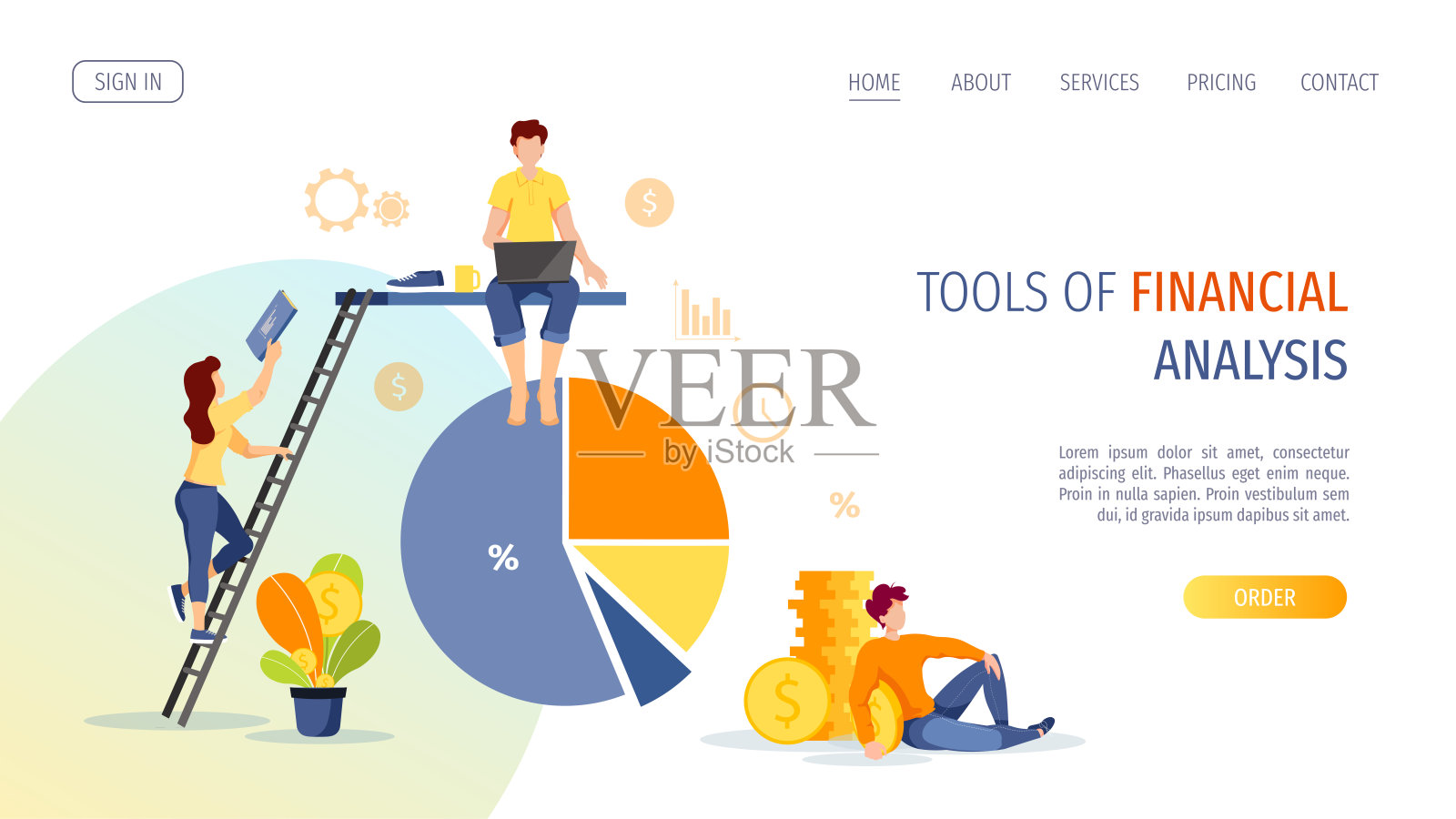 图，硬币和劳动人民。利润，收入，赚钱，财务成功，商业，投资分析概念。插画图片素材