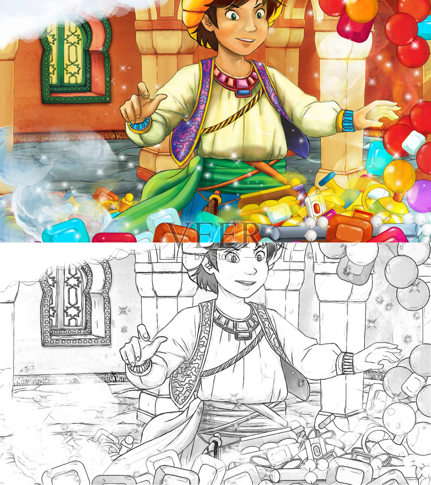 漫画素描场景与中世纪阿拉伯珍宝和王子或国王的房间-远东装饰品-不同用途的舞台-插图插画图片素材