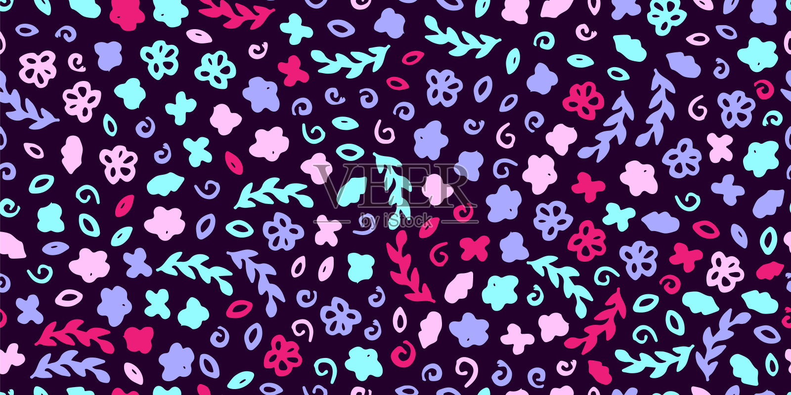 织物无缝的插图。矢量模式与手绘元素。紫色背景上的花朵颜色柔和插画图片素材