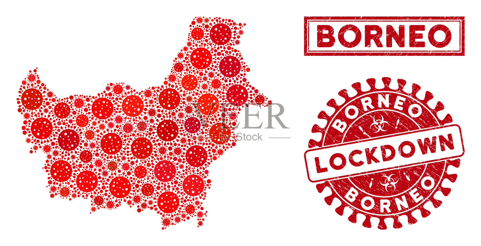 马赛克婆罗洲地图和垃圾封章插画图片素材