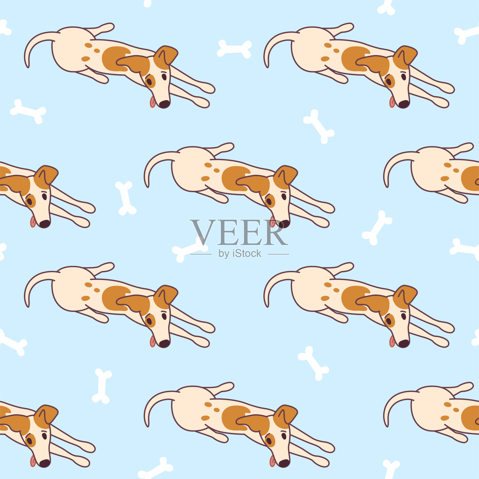 杰克罗素梗躺在地板上，准备玩耍。狗的无缝模式与骨头。矢量插图在可爱的卡通风格设计元素图片