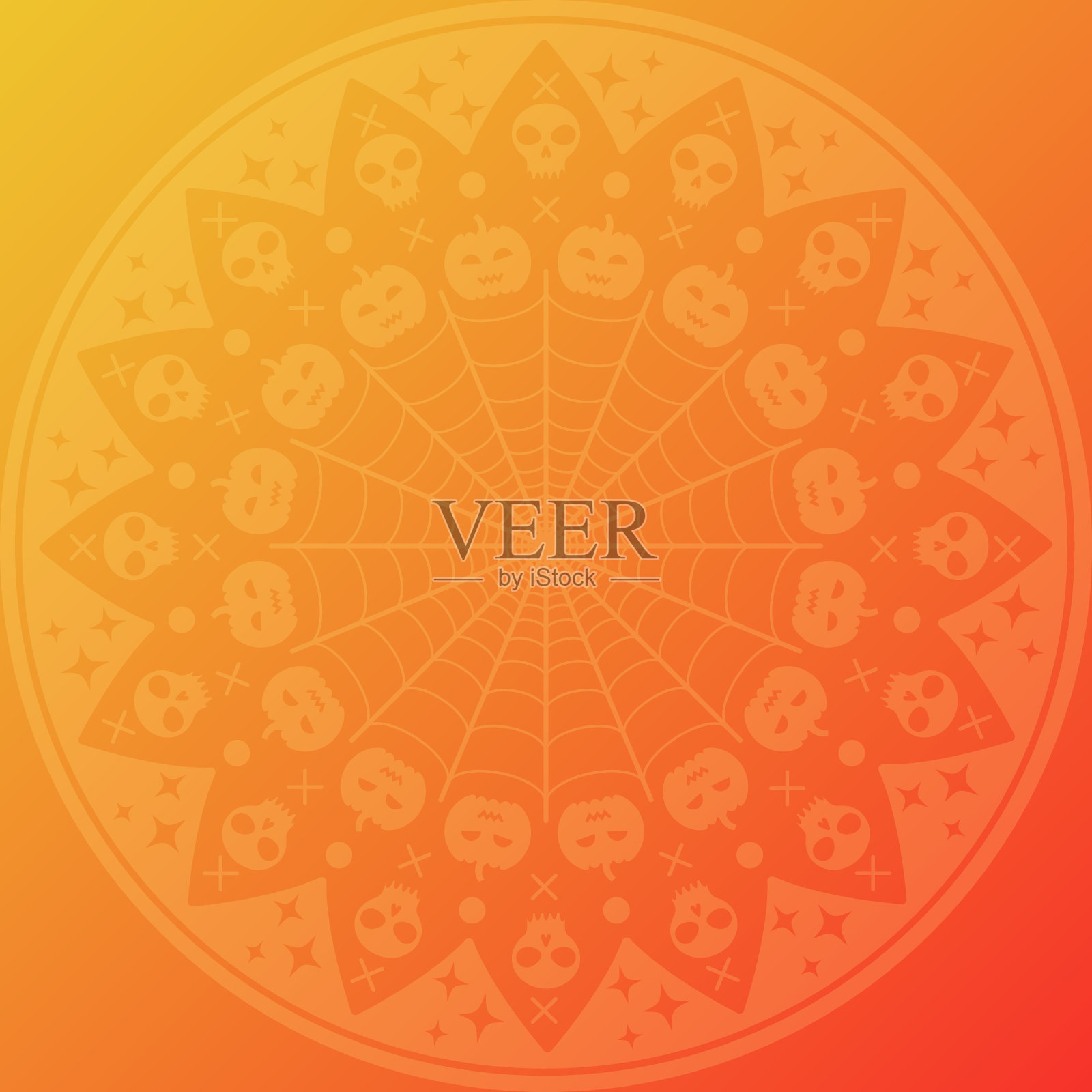 万圣节圆曼荼罗卡与头骨和南瓜。橙色到黄色渐变插画图片素材