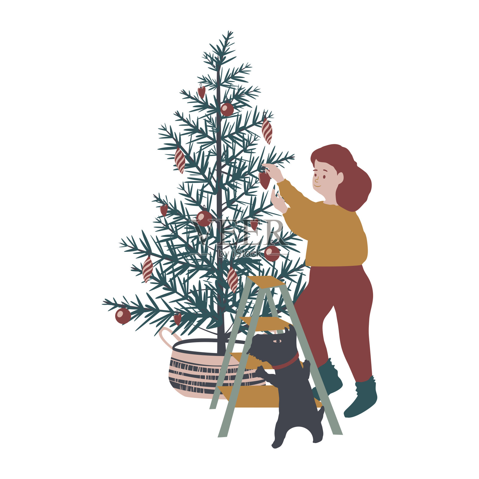 圣诞女孩，狗和冷杉树设计元素图片