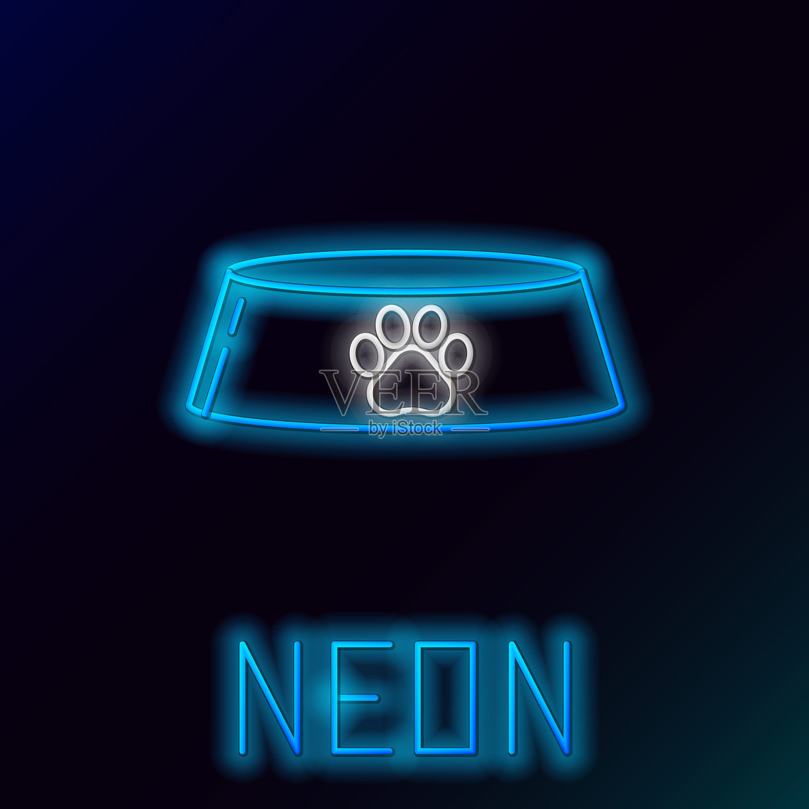 蓝色发光的霓虹线宠物食品碗猫或狗的图标孤立在黑色的背景。狗或猫的爪印。色彩斑斓的轮廓的概念。矢量图插画图片素材