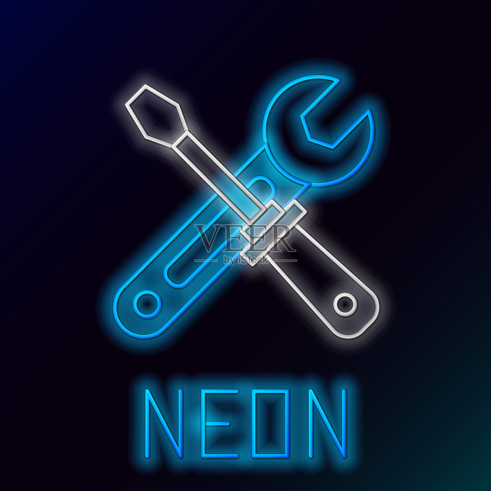 发光的霓虹灯线螺丝刀和扳手工具图标隔离在黑色背景。服务工具的象征。色彩斑斓的轮廓的概念。向量插画图片素材