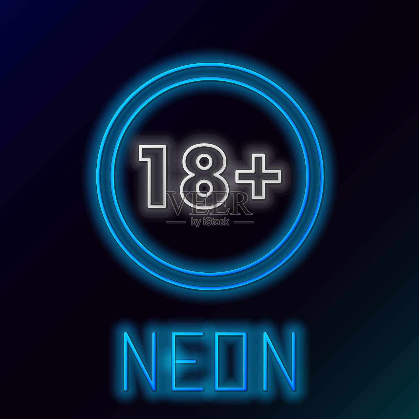 蓝色发光的霓虹线加上18个电影图标孤立在黑色的背景。成人内容。18岁以下签名。色彩斑斓的轮廓的概念。矢量图插画图片素材