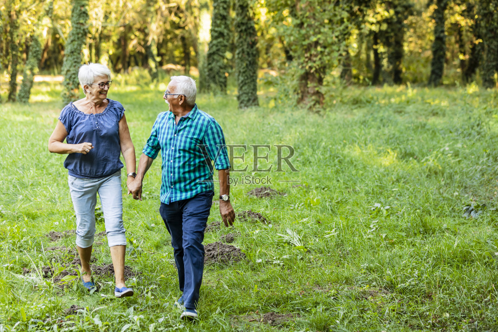 相爱的情侣在夏天的公园里牵手散步照片摄影图片