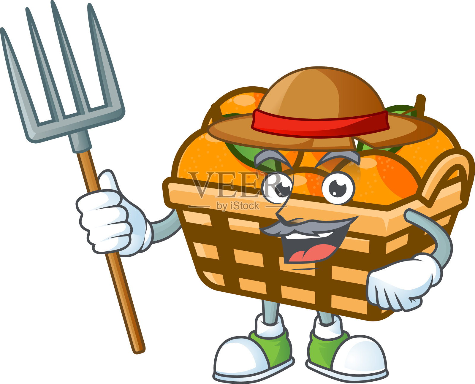 可爱的农民篮子橙子卡通吉祥物与帽子设计元素图片