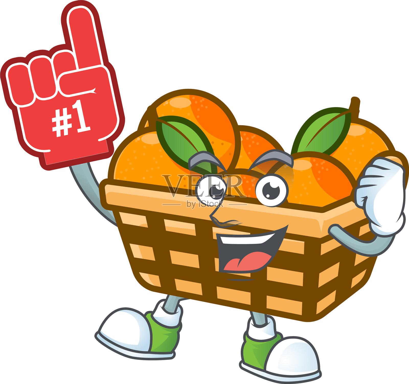 篮子橘子吉祥物卡通拿着泡沫手指设计元素图片