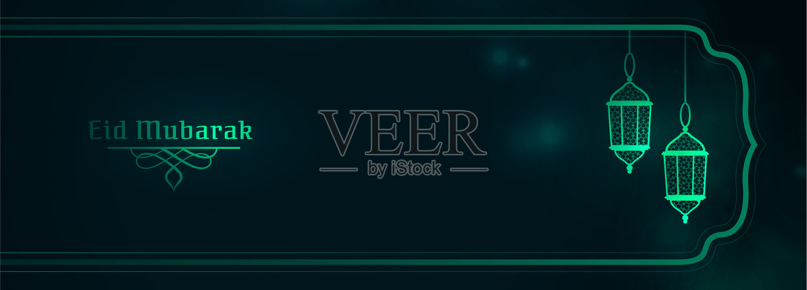 开斋节穆巴拉克的旗帜与伊斯兰灯笼插画图片素材