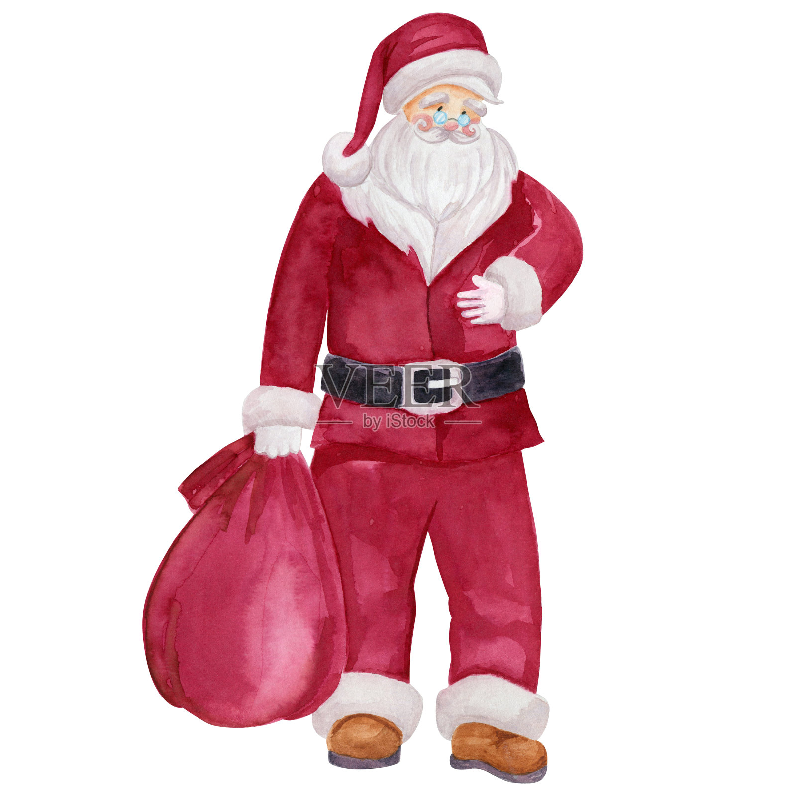 圣诞老人与礼品袋剪纸水彩插图。插画图片素材