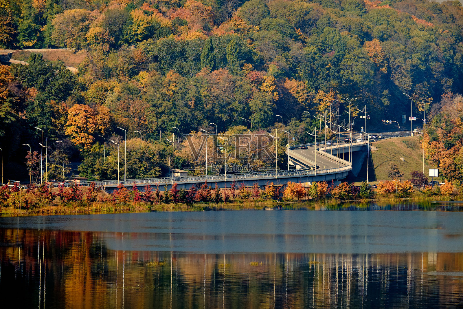 汽车天桥穿过茂密的落叶树。河边的秋天森林。灯柱倒映在水中。照片摄影图片