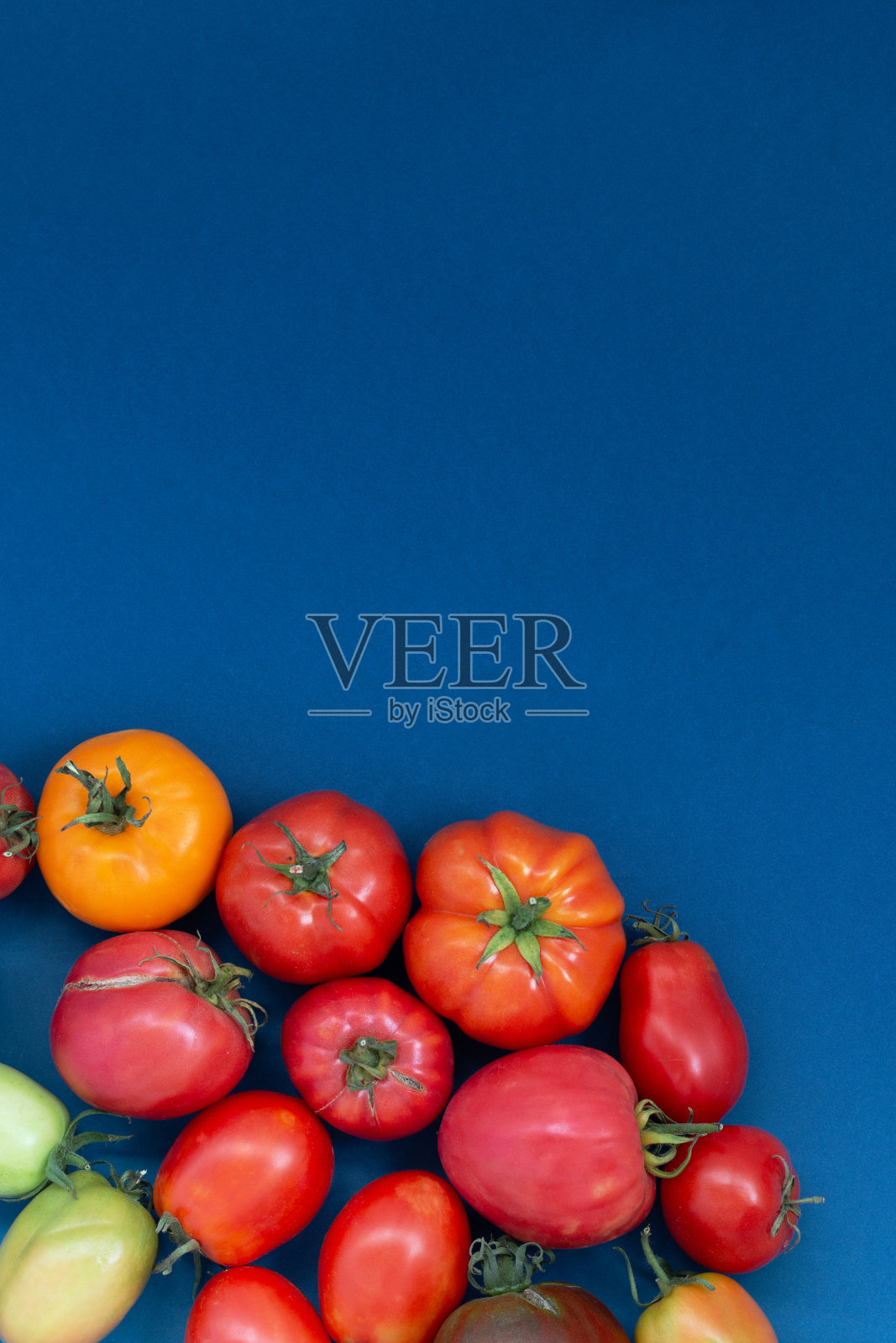 多色西红柿顶视图在深蓝色的背景与文字空间照片摄影图片