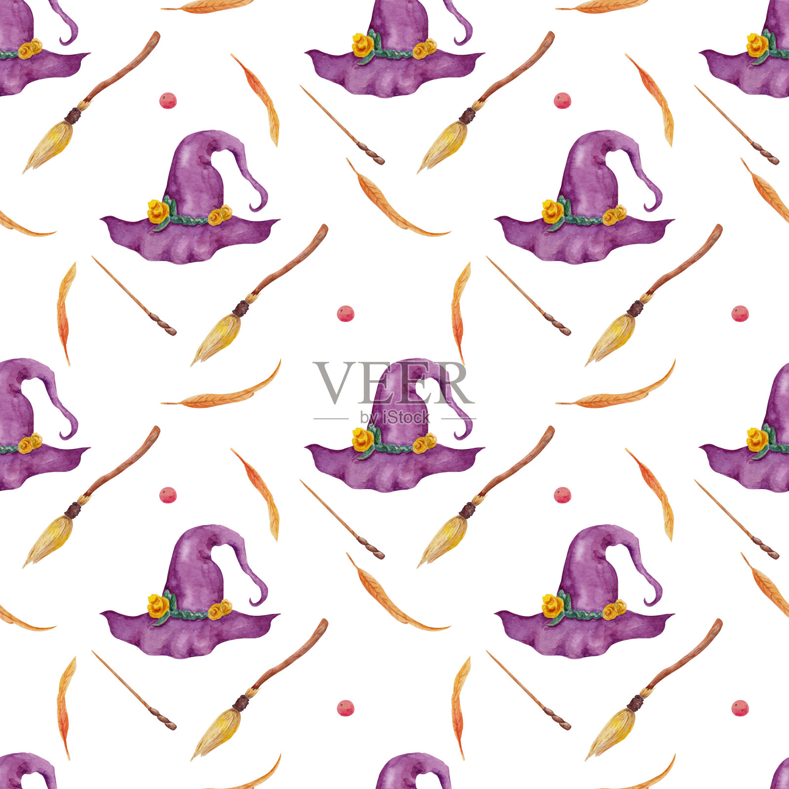 无缝图案与水彩手绘女巫帽，树叶浆果和巫术。插画图片素材